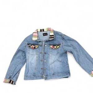 Blue denim jacket with colorful patch work and paint work
